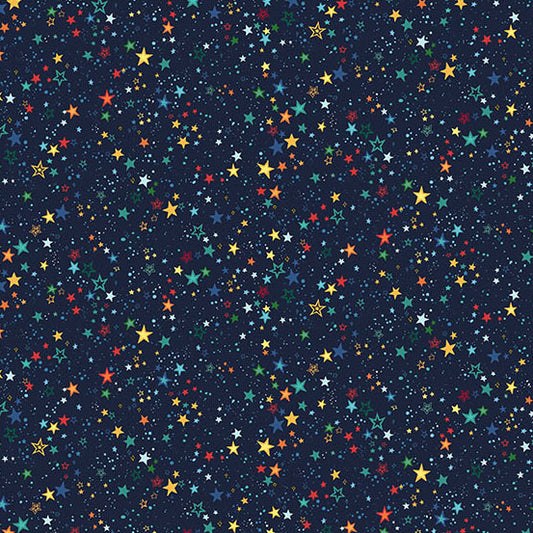 Pattern of colorful stars on a dark blue background quilting cotton