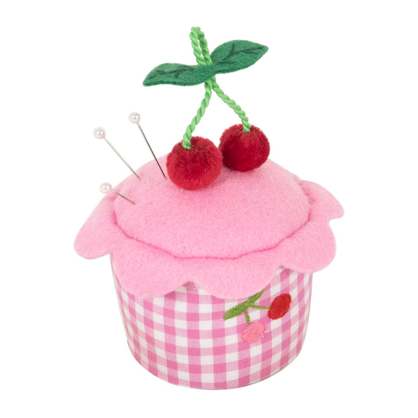 Pin Cushion - Cupcake - Embroidered Cherries