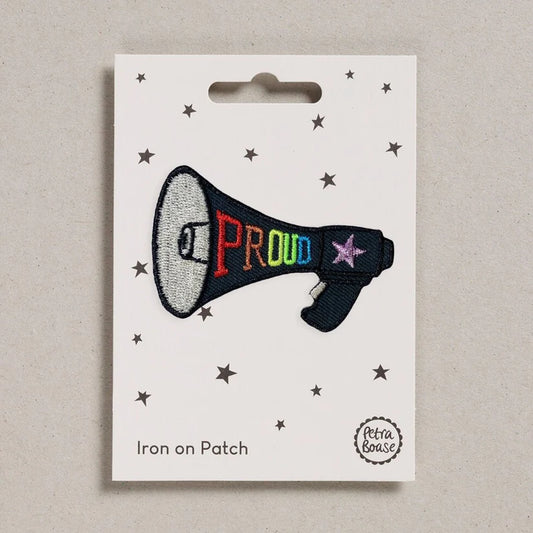 Petra Boase Proud megaphone iron-on embroidered patch featuring a colourful megaphone design with the word Proud on presentation card.