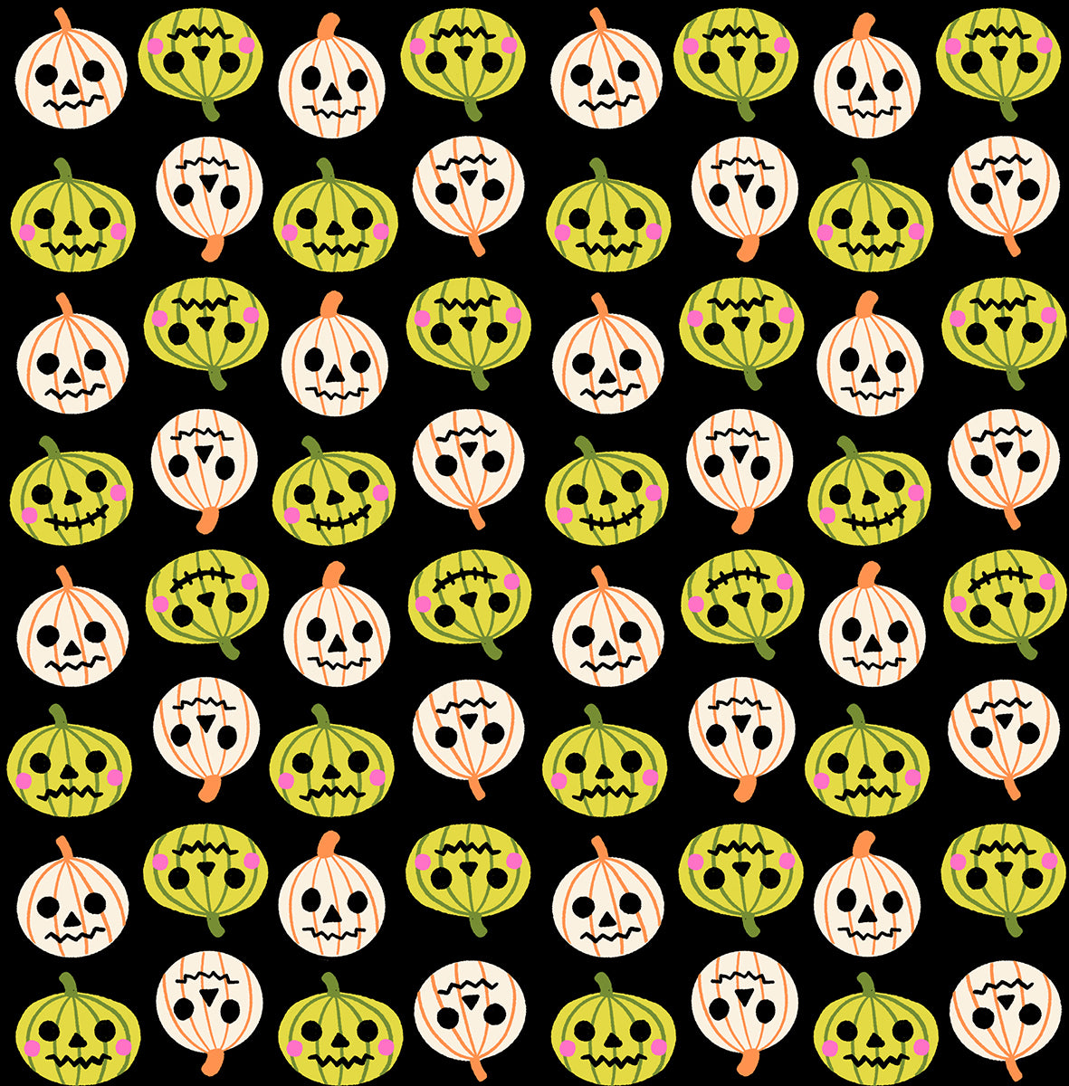 Pattern of orange, white, and green pumpkins with various designs on a black quilting cotton