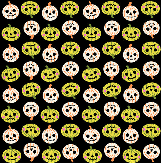 Pattern of orange, white, and green pumpkins with various designs on a black quilting cotton