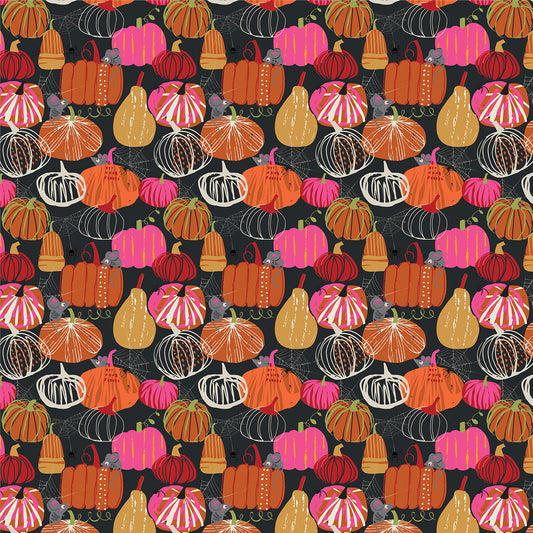 Pattern of colourful pumpkins and gourds on a black quilting cotton