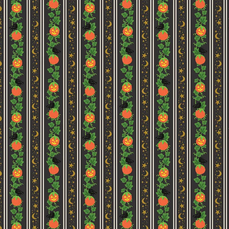 A repeating Halloween-themed pattern with vertical black stripes, orange jack-o'-lantern pumpkins on green vines, black crows, gold moons and stars on a quilting cotton.