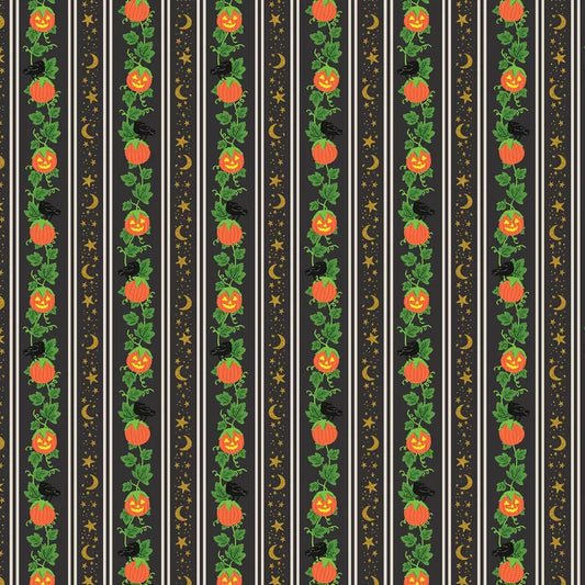 A repeating Halloween-themed pattern with vertical black stripes, orange jack-o'-lantern pumpkins on green vines, black crows, gold moons and stars on a quilting cotton.