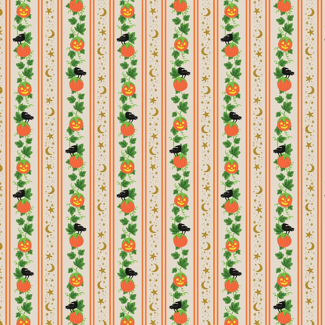 A repeating Halloween-themed pattern with vertical linen coloured stripes, orange jack-o'-lantern pumpkins on green vines, black crows, gold moons and stars on a quilting cotton.