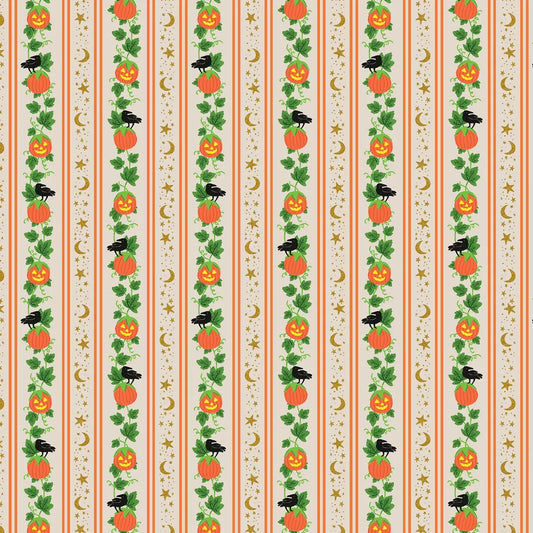 A repeating Halloween-themed pattern with vertical linen coloured stripes, orange jack-o'-lantern pumpkins on green vines, black crows, gold moons and stars on a quilting cotton.