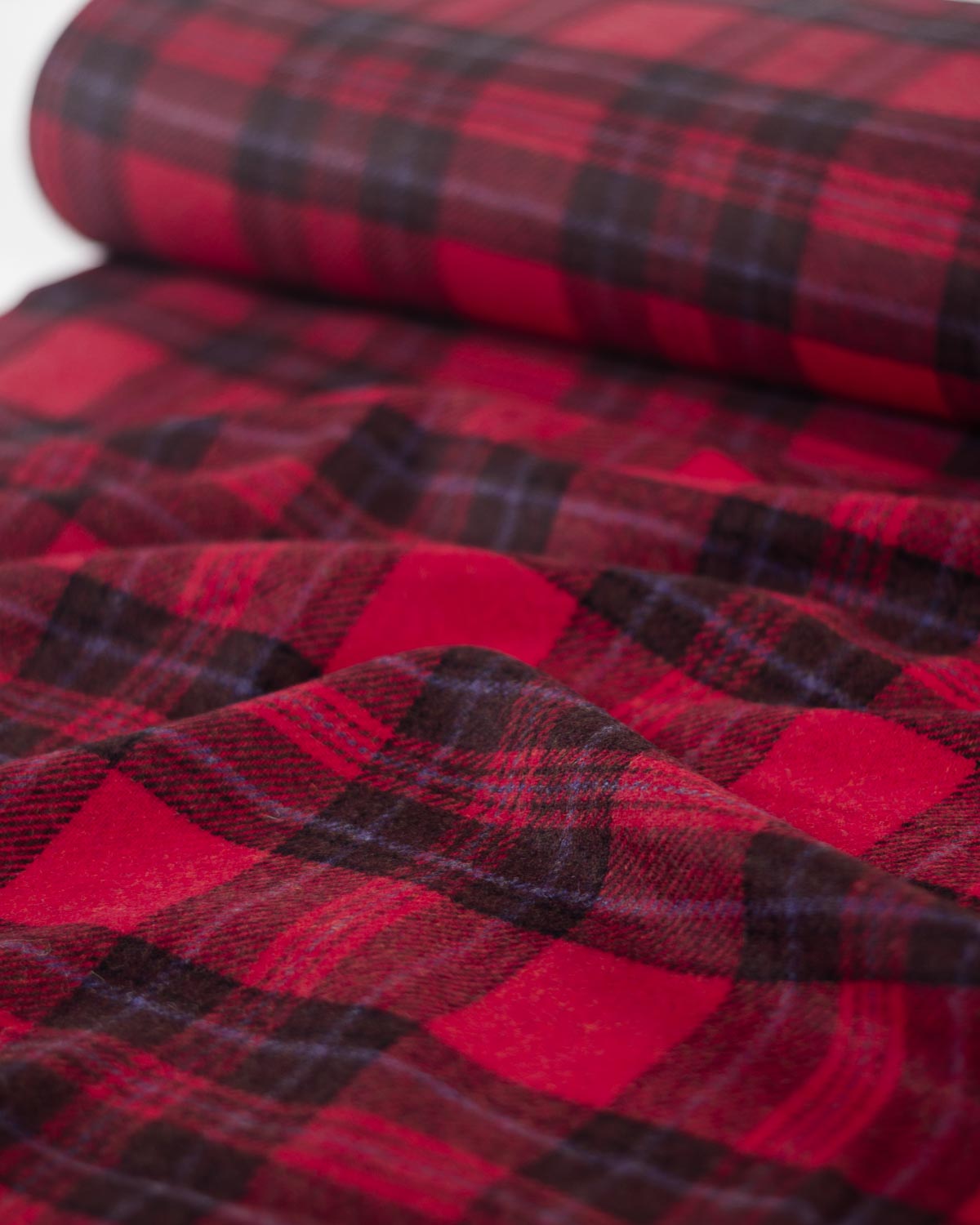 Pure Wool Tweed Fabric - Bordeaux Check