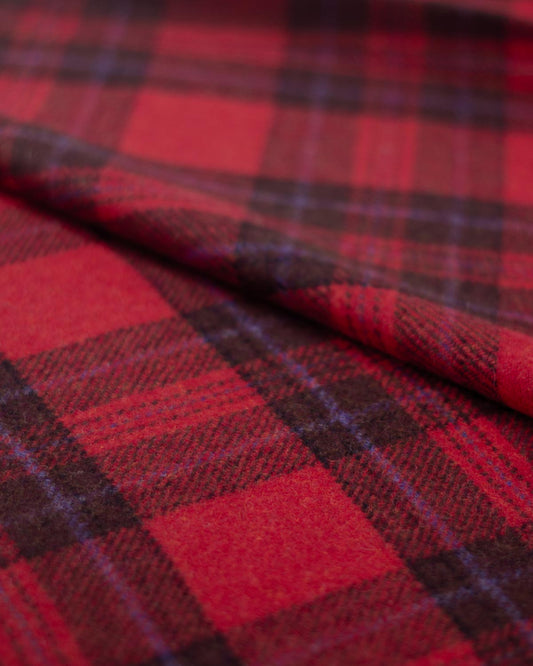 Pure Wool Tweed Fabric - Bordeaux Check