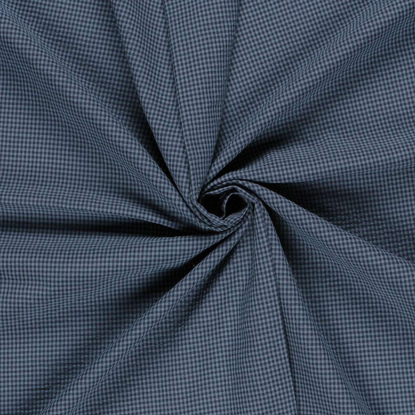 Close-up of blue checkered fabric with a swirl pattern