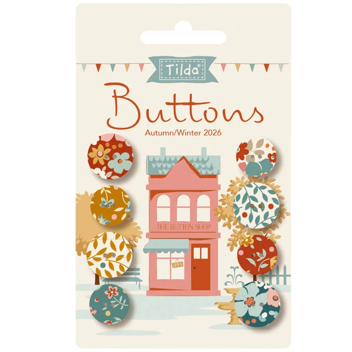 Packaging of Tilda buttons with a button shop illustration on a white background