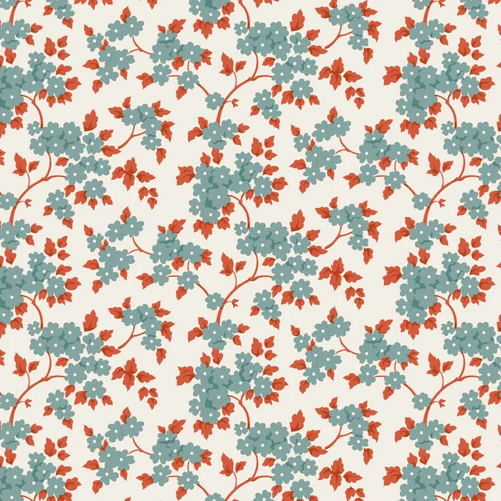 A repeating floral pattern featuring small light blue blossoms and rust-red leaves on branching vines over a warm off-white background.