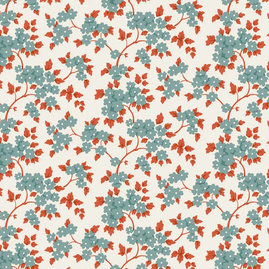 A repeating floral pattern featuring small light blue blossoms and rust-red leaves on branching vines over a warm off-white background.