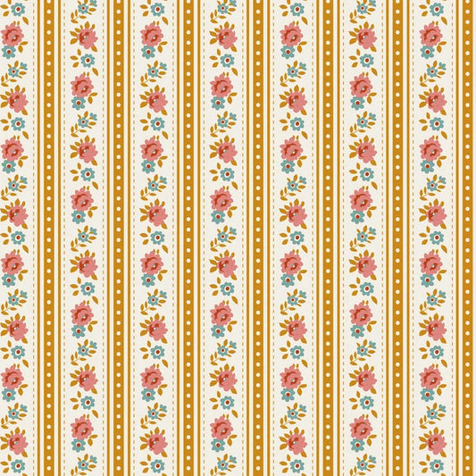 Quilting cotton featuring a pink and blue floral stripe with ochre stripes