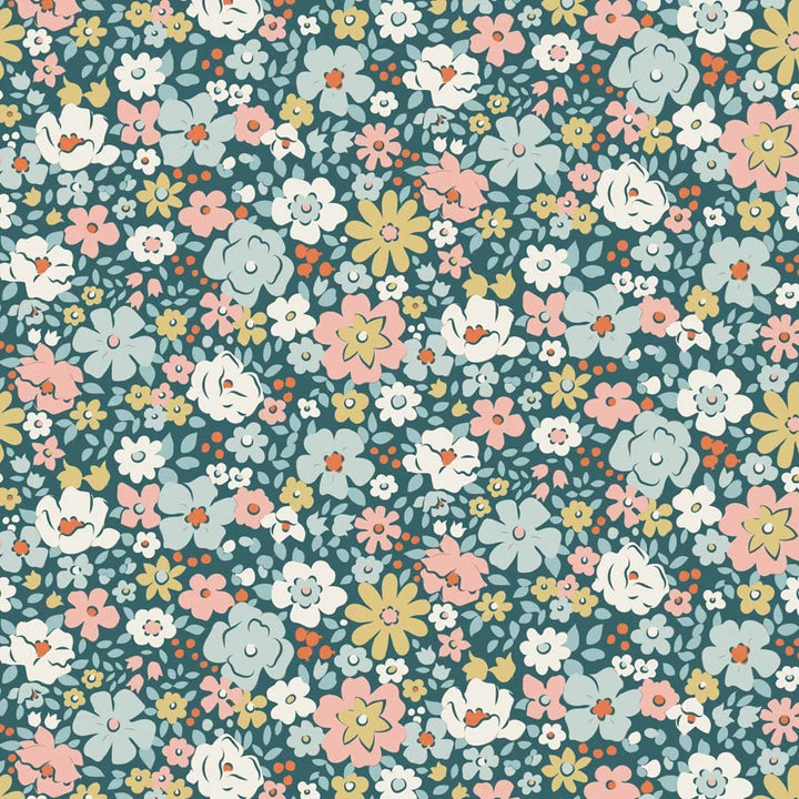 A dense, repeating floral pattern featuring stylized flowers in pink, white, pale yellow, and light blue on a dark teal background.
