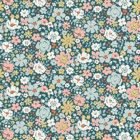 A dense, repeating floral pattern featuring stylized flowers in pink, white, pale yellow, and light blue on a dark teal background.