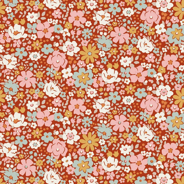A dense retro floral pattern featuring stylized flowers in pink, white, yellow, and light blue on a warm rust-orange background.