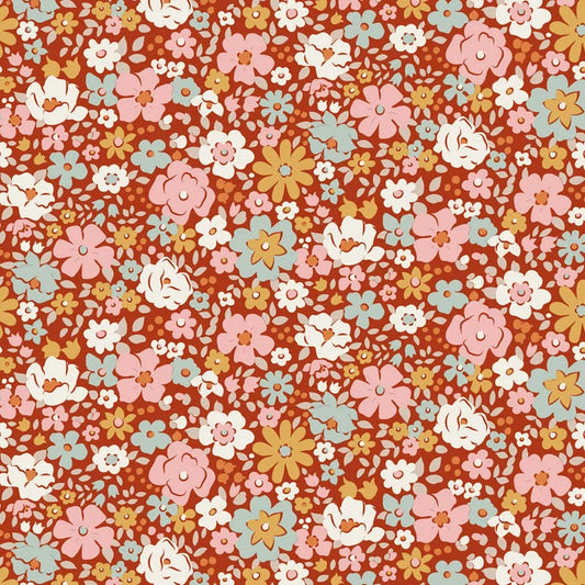 A dense retro floral pattern featuring stylized flowers in pink, white, yellow, and light blue on a warm rust-orange background.