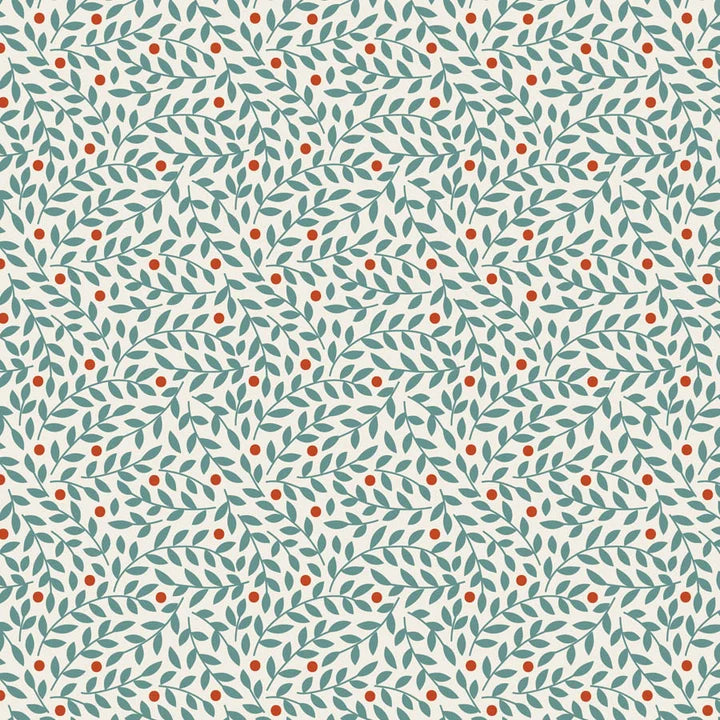 A repeating botanical pattern featuring teal-green leaves and small orange-red berries on an off-white background.