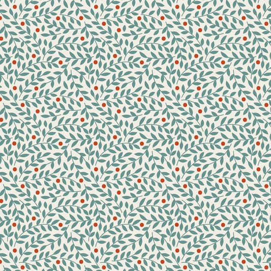 A repeating botanical pattern featuring teal-green leaves and small orange-red berries on an off-white background.