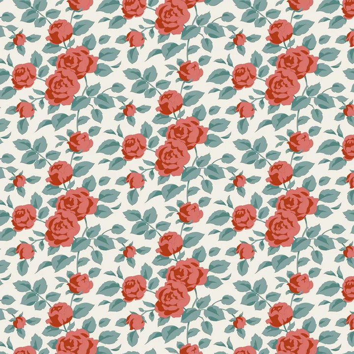 A repeating floral pattern featuring coral-red roses and muted teal-green leaves on a warm off-white background.
