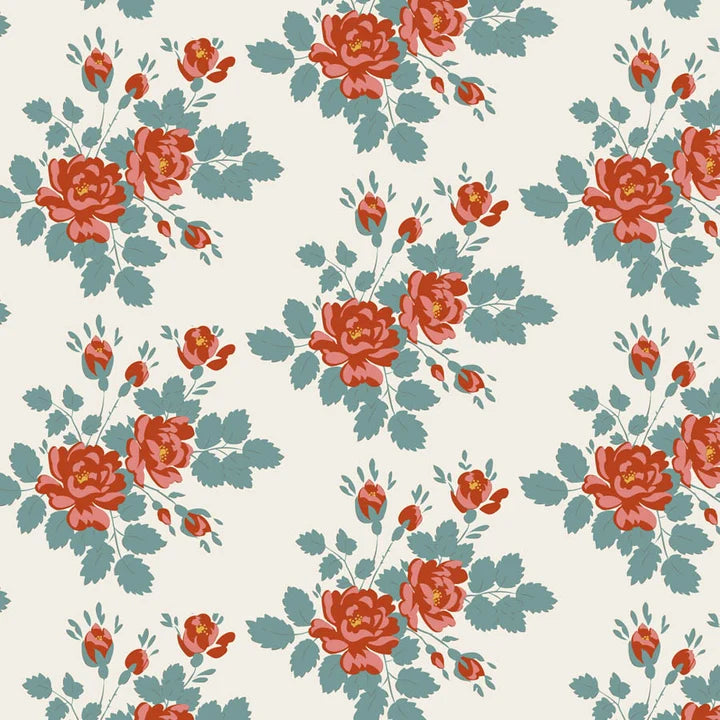 A repeating floral pattern featuring coral-red roses and teal-blue leaves on a warm off-white background.