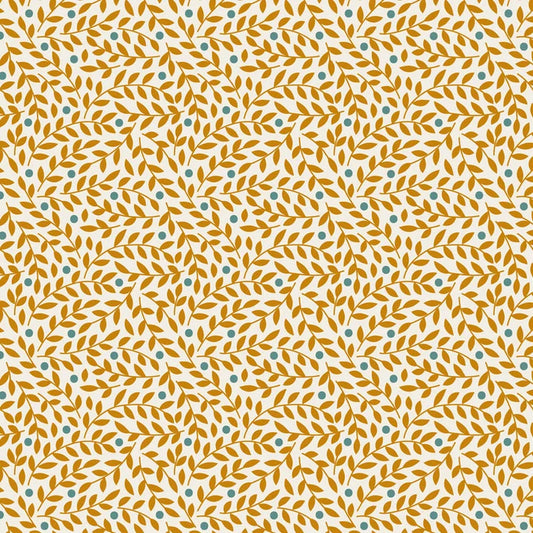 A seamless repeating pattern featuring stylized golden-brown leafy branches and small teal dots on a warm cream background.