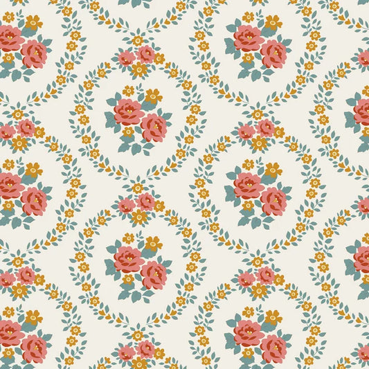Floral wallpaper inspired design in pink, blue and yellow on a warm cream quilting cotton background