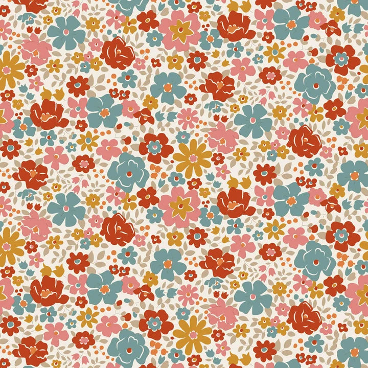 A dense retro floral pattern featuring stylized flowers in coral red, dusty pink, teal blue, mustard yellow, and orange on a warm cream quilting cotton