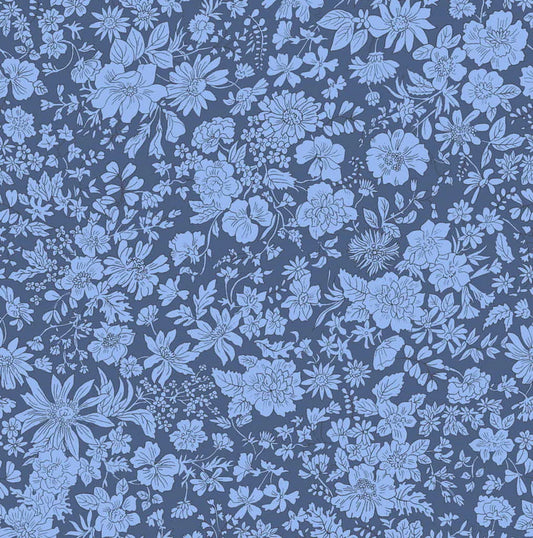 Floral pattern with blue flowers on a dark blue quilting cotton