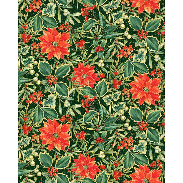 Christmas Patchwork Cotton Fabric - Festive Foliage - Poinsettia Forest Green – Truro Fabrics
