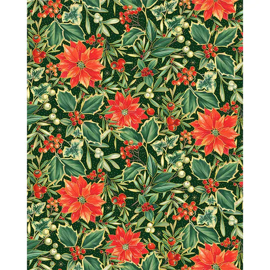 Christmas Patchwork Cotton Fabric - Festive Foliage - Poinsettia Forest Green – Truro Fabrics