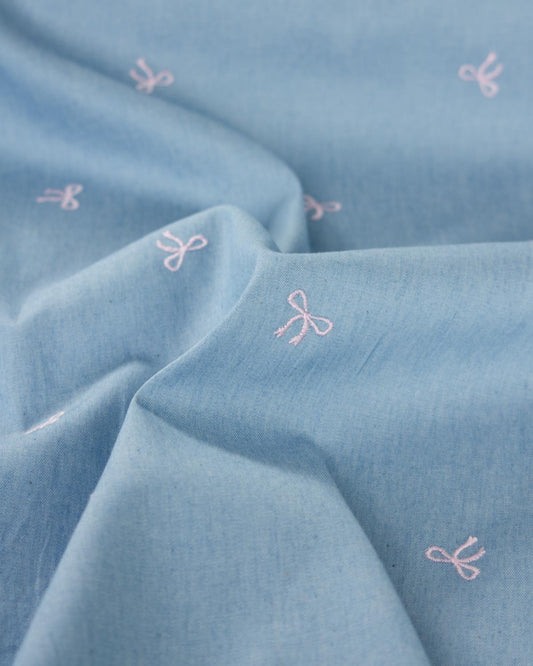 Cotton Chambray Fabric - Embroidered Bows