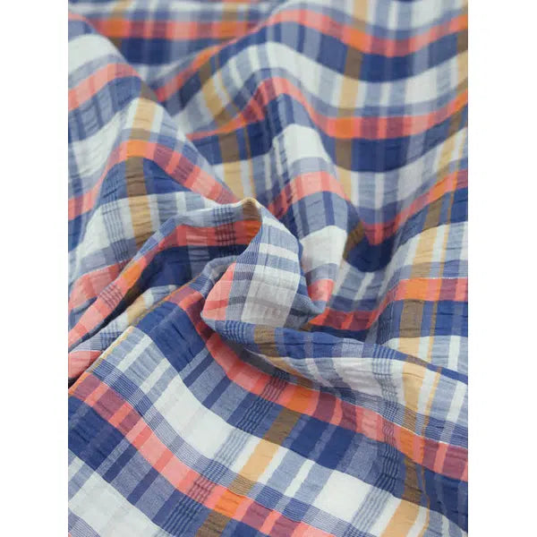 Cotton Lurex Seersucker Fabric - Coral Cove Plaid – view 3 – Truro Fabrics
