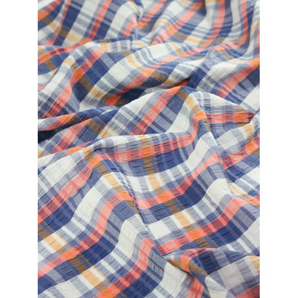 Cotton Lurex Seersucker Fabric - Coral Cove Plaid – view 4 – Truro Fabrics