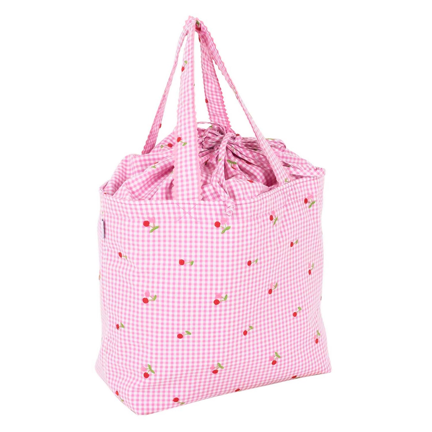 Pink gingham drawstring bag with embroidered cherry design 