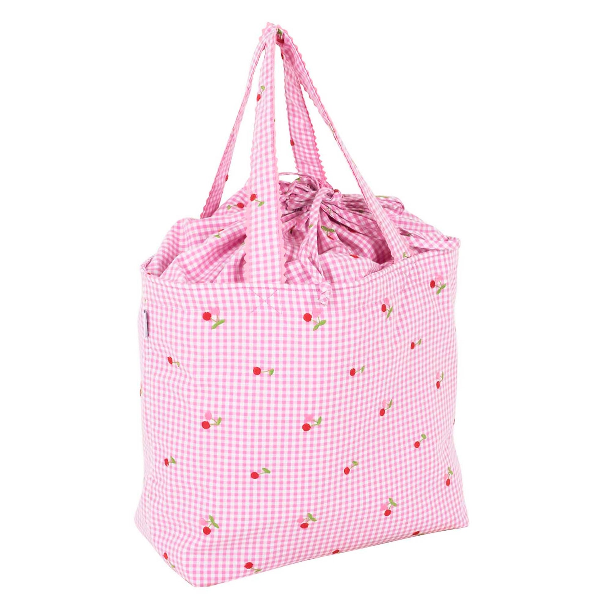Pink gingham drawstring bag with embroidered cherry design 