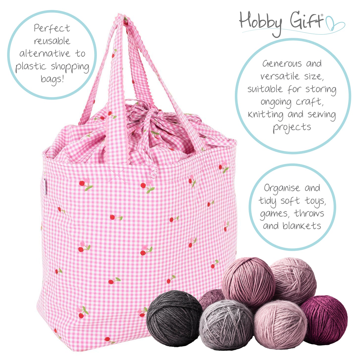 Large Drawstring Craft Bag - Embroidered Cherries