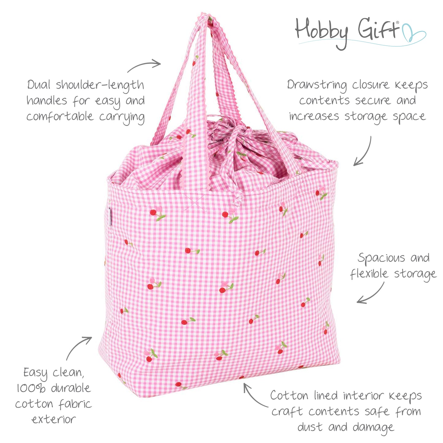 Large Drawstring Craft Bag - Embroidered Cherries