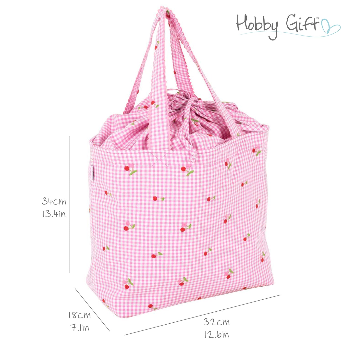 Large Drawstring Craft Bag - Embroidered Cherries