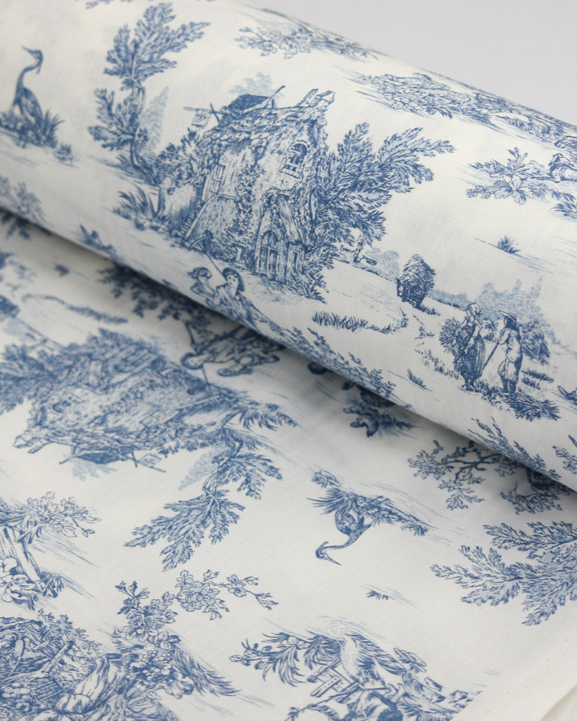 Extra Wide Curtain and Interiors Fabric - Toile De Jouy - Forget Me Not