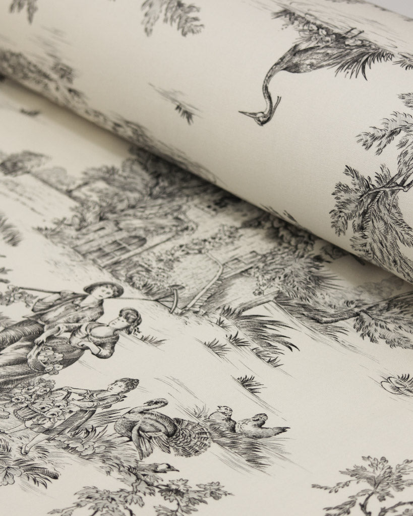 Provincial living illustration in black on a cream cotton curtain fabric