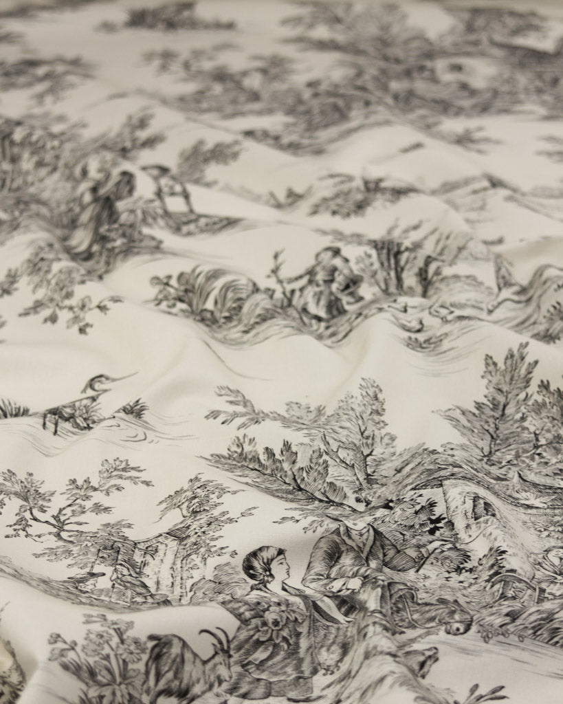 Extra Wide Curtain and Interiors Fabric - Toile De Jouy - Raven