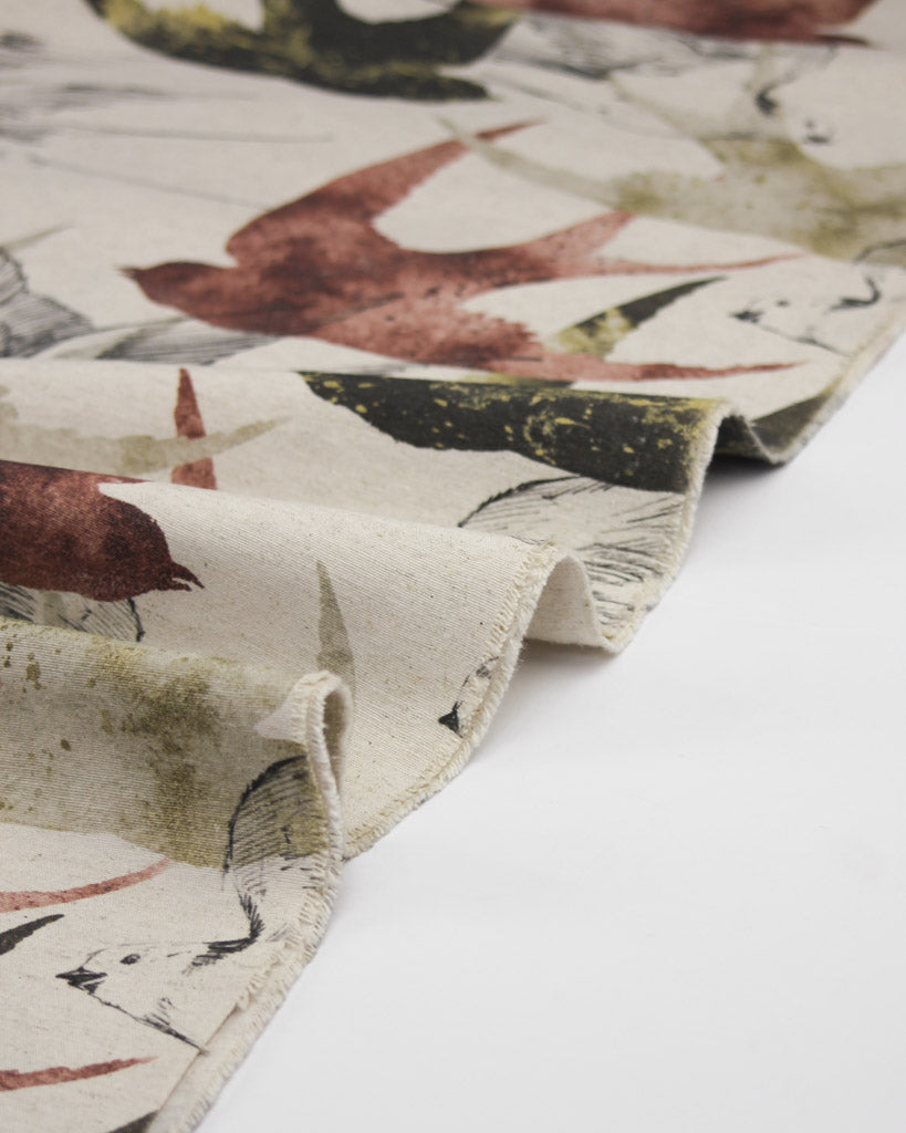 Extra Wide Curtain and Interiors Fabric - Swallows Shadow - Khaki and Rust