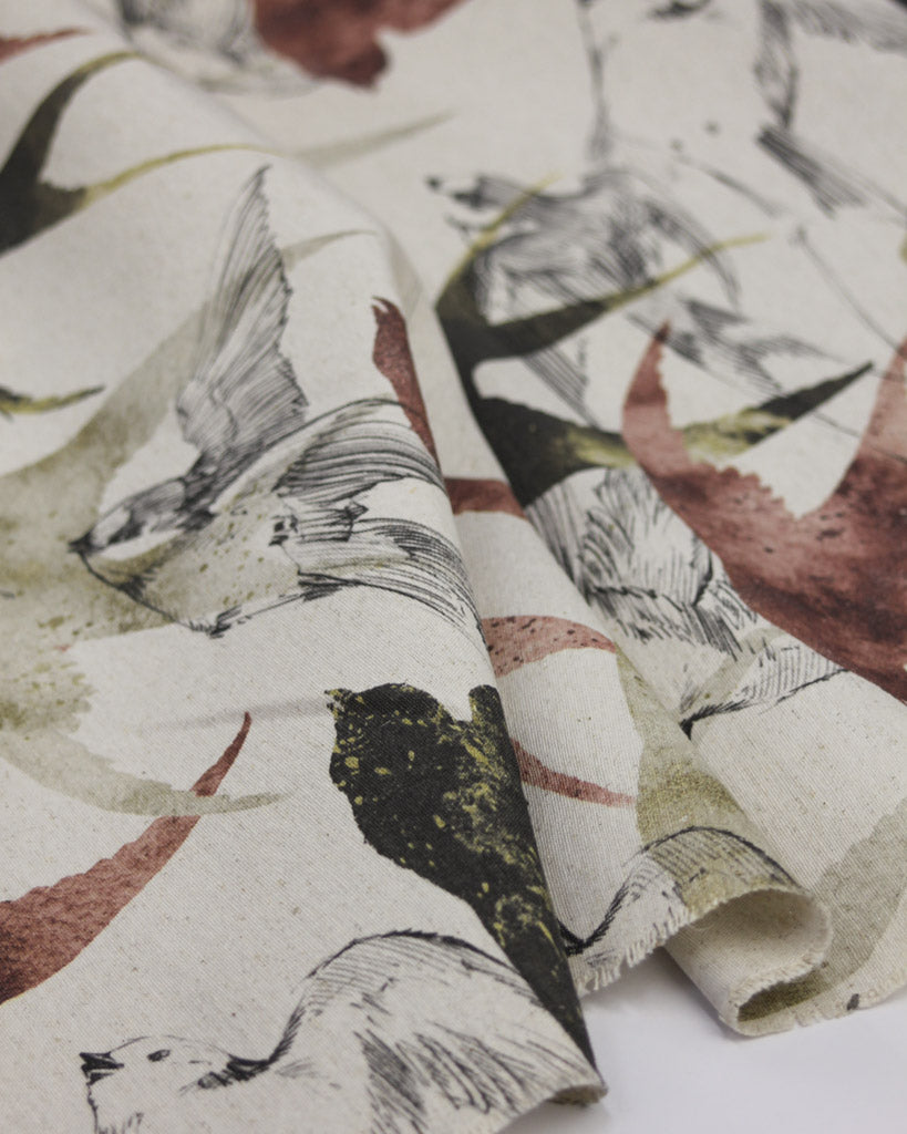 Extra Wide Curtain and Interiors Fabric - Swallows Shadow - Khaki and Rust