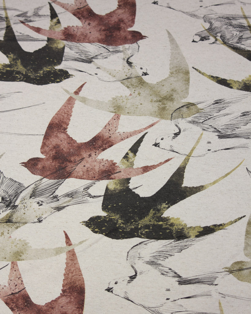 Extra Wide Curtain and Interiors Fabric - Swallows Shadow - Khaki and Rust