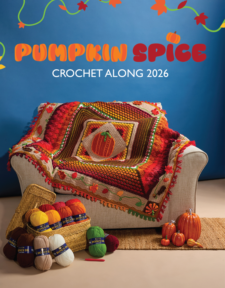 Promotional image for Pumpkin Spice Crochet Along 2026 featuring a colorful crochet blanket on an armchair
