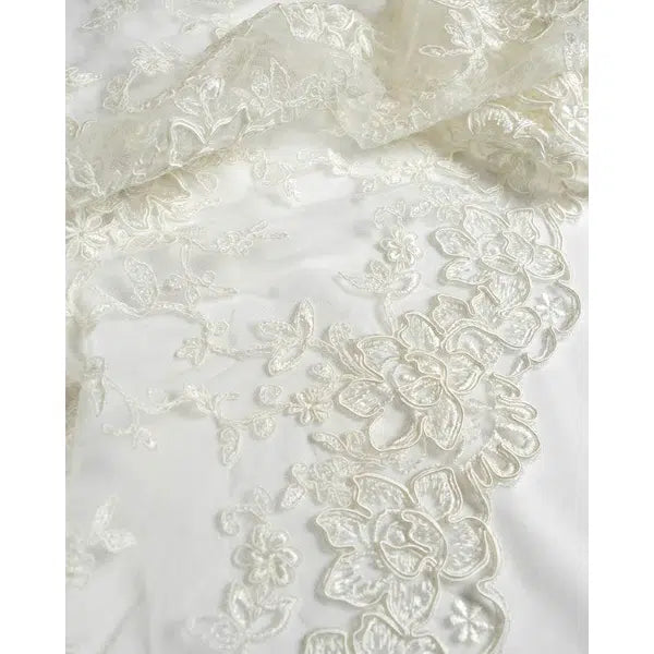 Embroidered Lace Tulle Fabric - Corded Floral Ivory – view 3 – Truro Fabrics