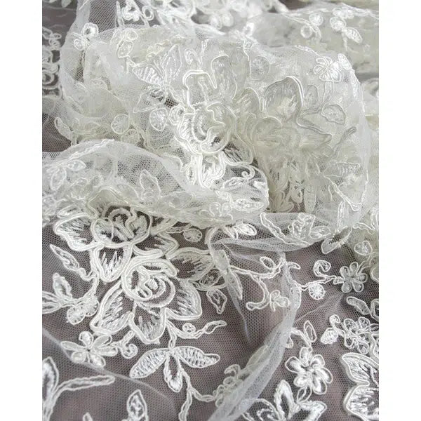 Embroidered Lace Tulle Fabric - Corded Floral Ivory – view 6 – Truro Fabrics