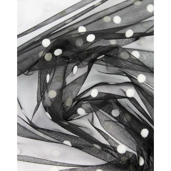 Flock Polka Tulle Fabric - White on Black – view 2 – Truro Fabrics