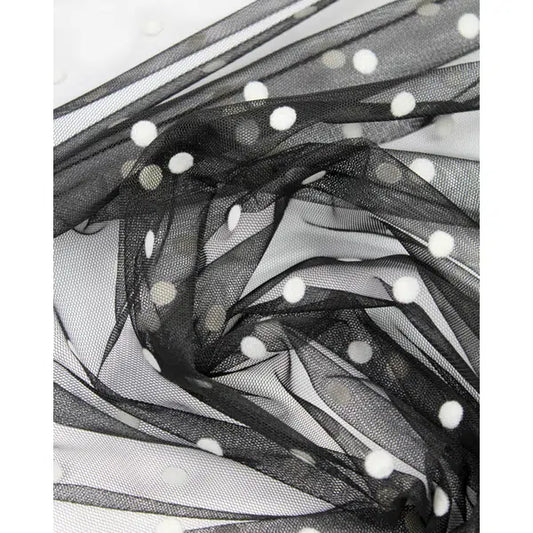 Flock Polka Tulle Fabric - White on Black – view 2 – Truro Fabrics